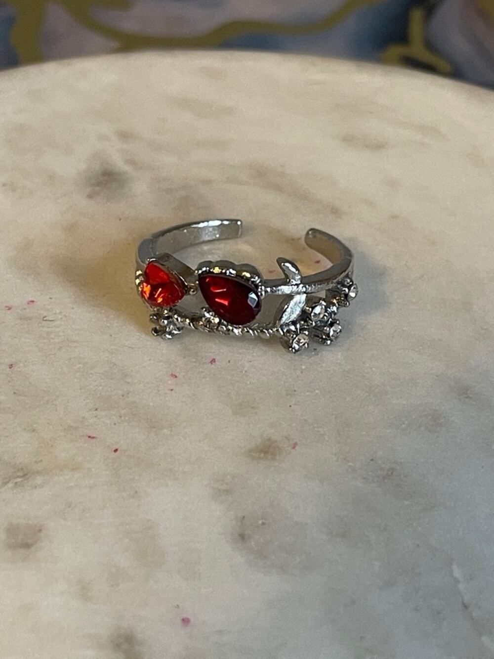 Silver Floral Ring with Red Teardrop heart Stones - Women Jewelry adjustable
